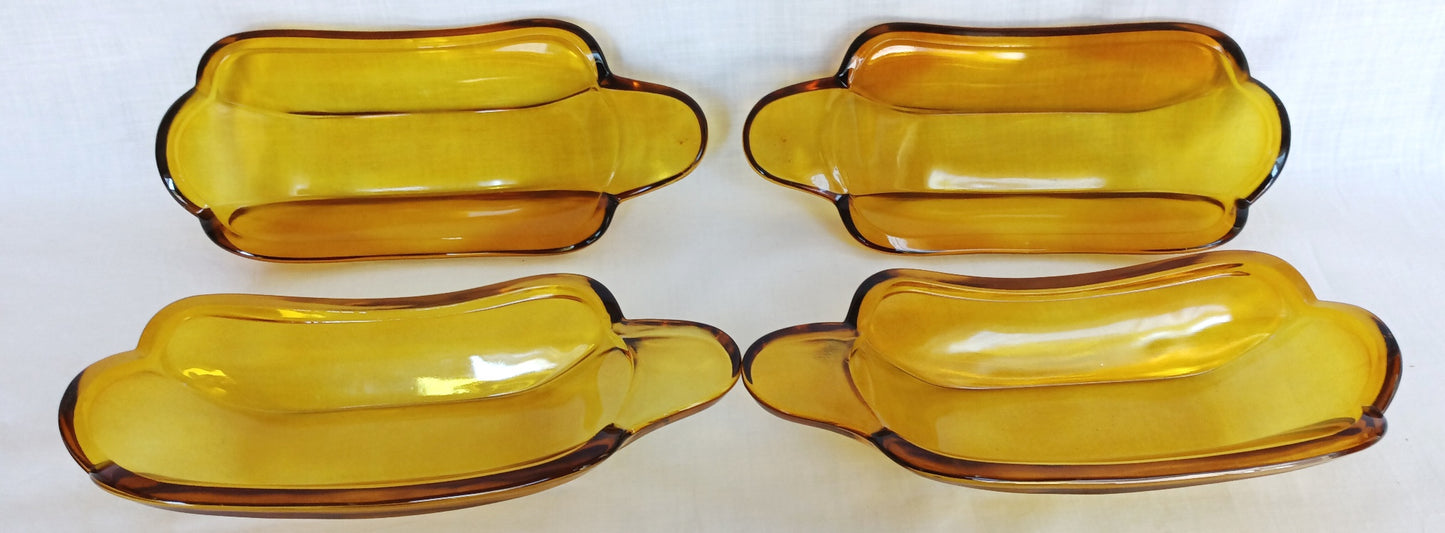 Vintage Set of 4 Indiana Glass Amber Banana Split Boats Ice Cream Sundae Dishes Bowls Glassware-Made in USA