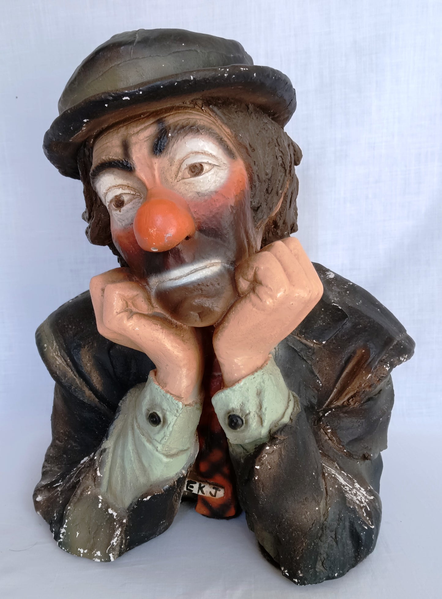Vintage Emmett Kelly Jr. Chalkware Plaster Figurine Hobo Sad Clown Bust “Why me? "Signed EKJ Standalone Sculpture Pottery