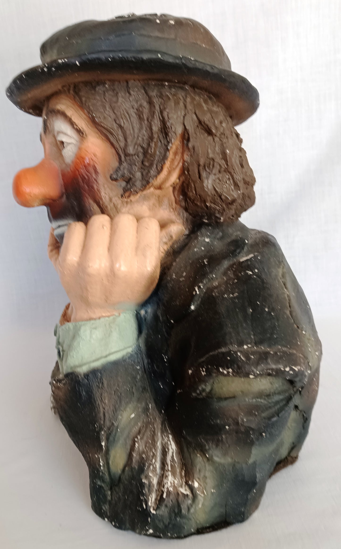 Vintage Emmett Kelly Jr. Chalkware Plaster Figurine Hobo Sad Clown Bust “Why me? "Signed EKJ Standalone Sculpture Pottery