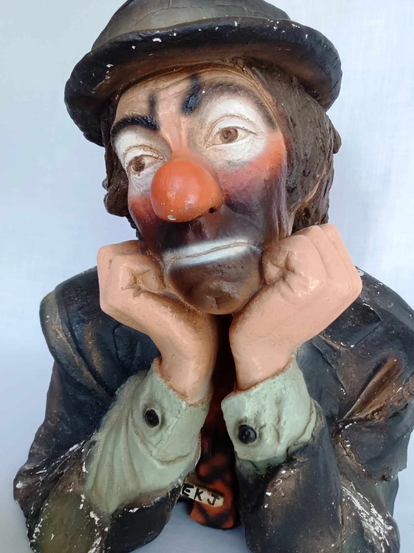 Vintage Emmett Kelly Jr. Chalkware Plaster Figurine Hobo Sad Clown Bust “Why me? "Signed EKJ Standalone Sculpture Pottery