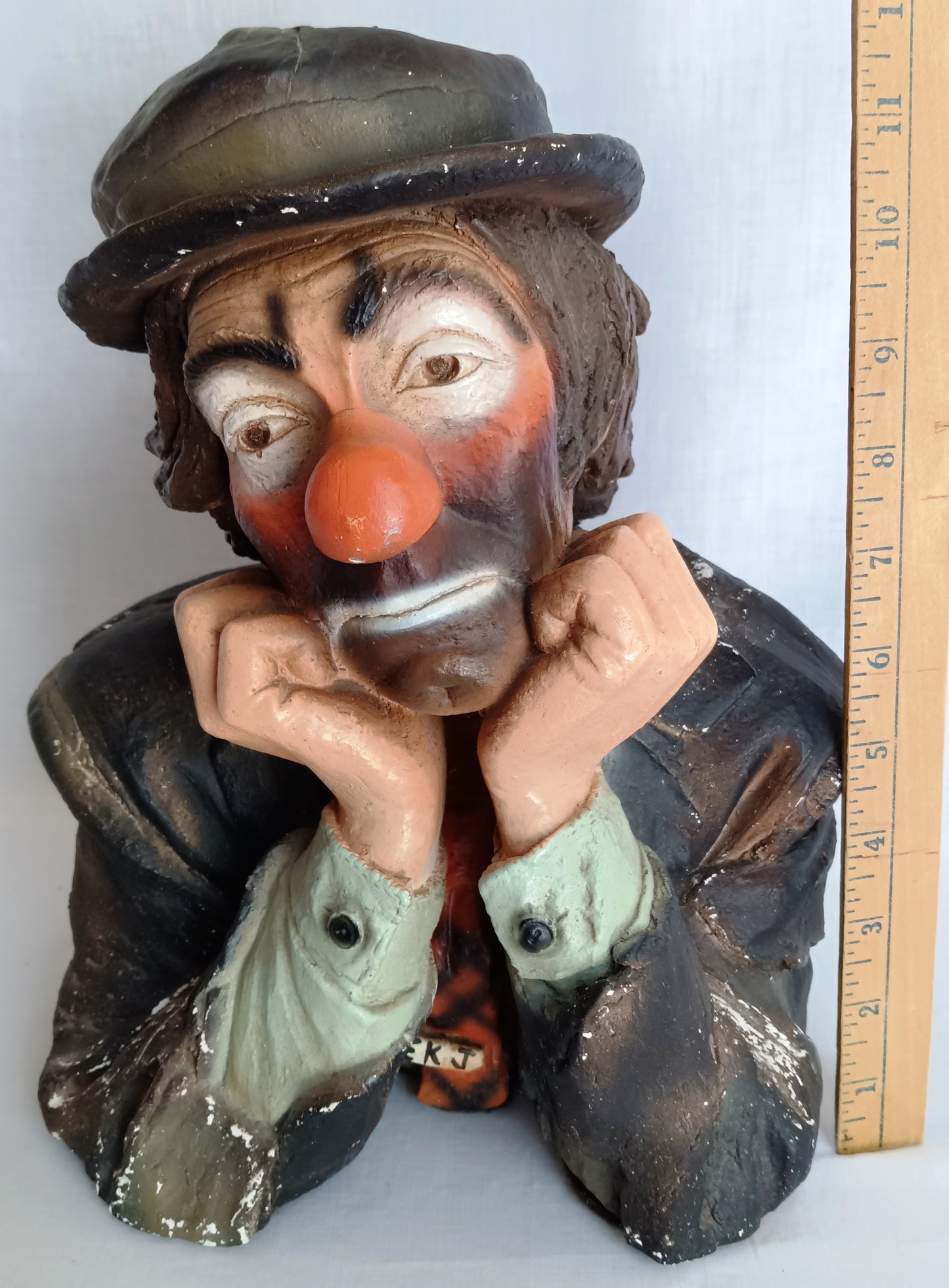Vintage Emmett Kelly Jr. Chalkware Plaster Figurine Hobo Sad Clown Bust “Why me? "Signed EKJ Standalone Sculpture Pottery