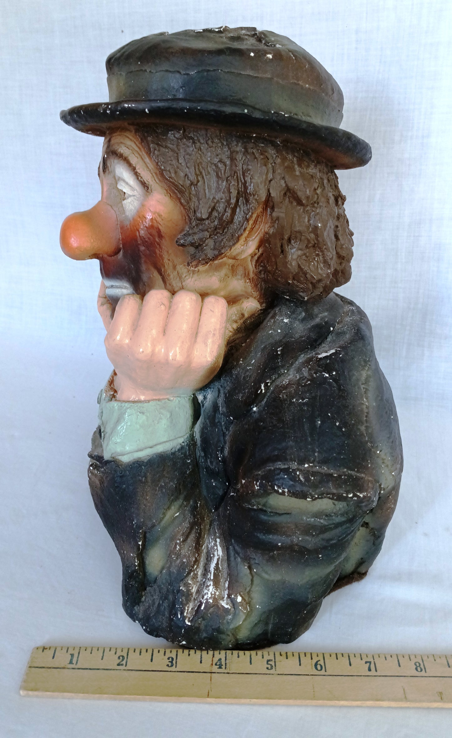 Vintage Emmett Kelly Jr. Chalkware Plaster Figurine Hobo Sad Clown Bust “Why me? "Signed EKJ Standalone Sculpture Pottery