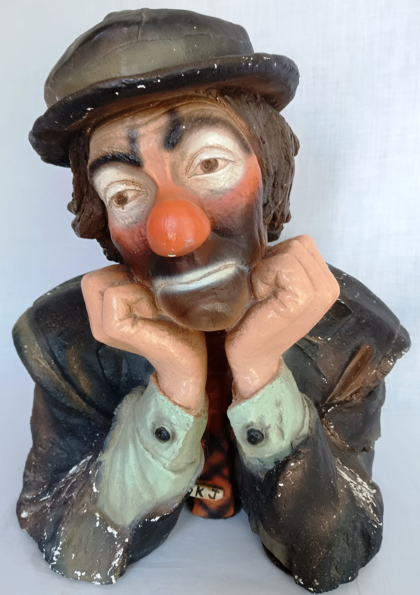 Vintage Emmett Kelly Jr. Chalkware Plaster Figurine Hobo Sad Clown Bust “Why me? "Signed EKJ Standalone Sculpture Pottery