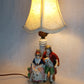 Vintage Occupied Japan Hand Painted Glazed Porcelain Vanity Table Lamp w/Silk Lampshade Courting Couple Figurine Made in Japan