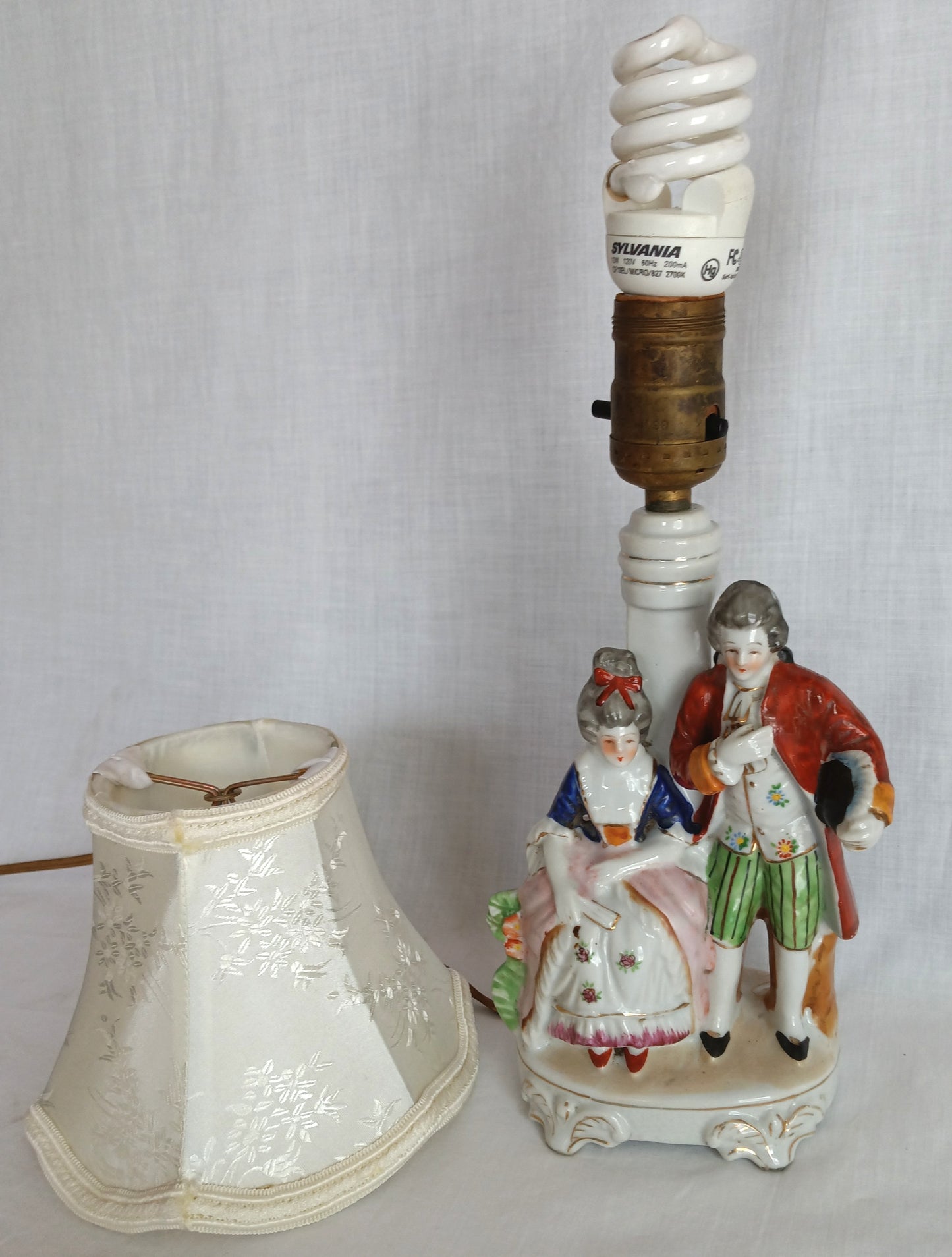 Vintage Occupied Japan Hand Painted Glazed Porcelain Vanity Table Lamp w/Silk Lampshade Courting Couple Figurine Made in Japan
