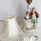 Vintage Occupied Japan Hand Painted Glazed Porcelain Vanity Table Lamp w/Silk Lampshade Courting Couple Figurine Made in Japan