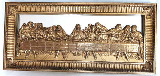 Vintage HOMCO Large 3D Mirrored Wall Plaque The Last Supper Gold Gilt Tone Finish Sculpture Jesus 12 Apostles Religious Christian Decor