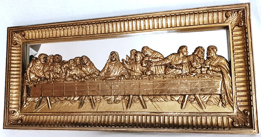 Vintage HOMCO Large 3D Mirrored Wall Plaque The Last Supper Gold Gilt Tone Finish Sculpture Jesus 12 Apostles Religious Christian Decor