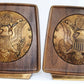 Vintage U.S. Great Seal Bookends Brass Wood Grain Raised Relief Eagle Banner E Pluribus Unum