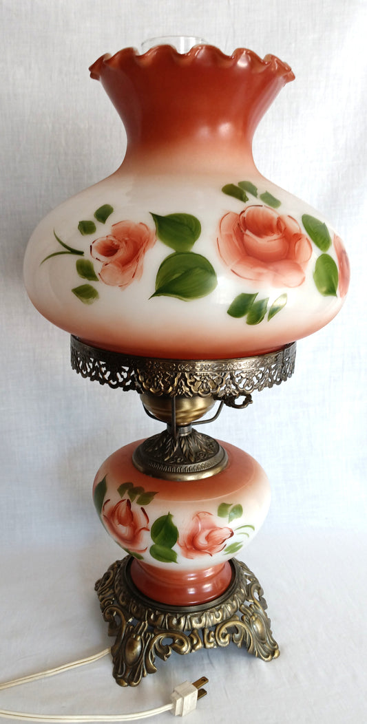 Vintage GWTW Style Hurricane Lamp Hand Painted Coral Roses Ornate Brass 3 Way Parlor Table Lamp Clear Glass Chimney