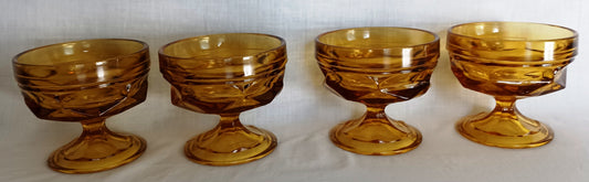 Vintage Set of 4 Bowls Anchor Hocking Fairfield Honey Gold Amber Glass Ice Cream Sherbet Champagne Coupe Low Stem Footed Glasses