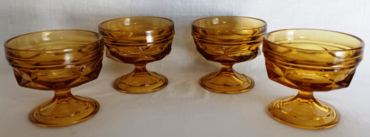 Vintage Set of 4 Bowls Anchor Hocking Fairfield Honey Gold Amber Glass Ice Cream Sherbet Champagne Coupe Low Stem Footed Glasses