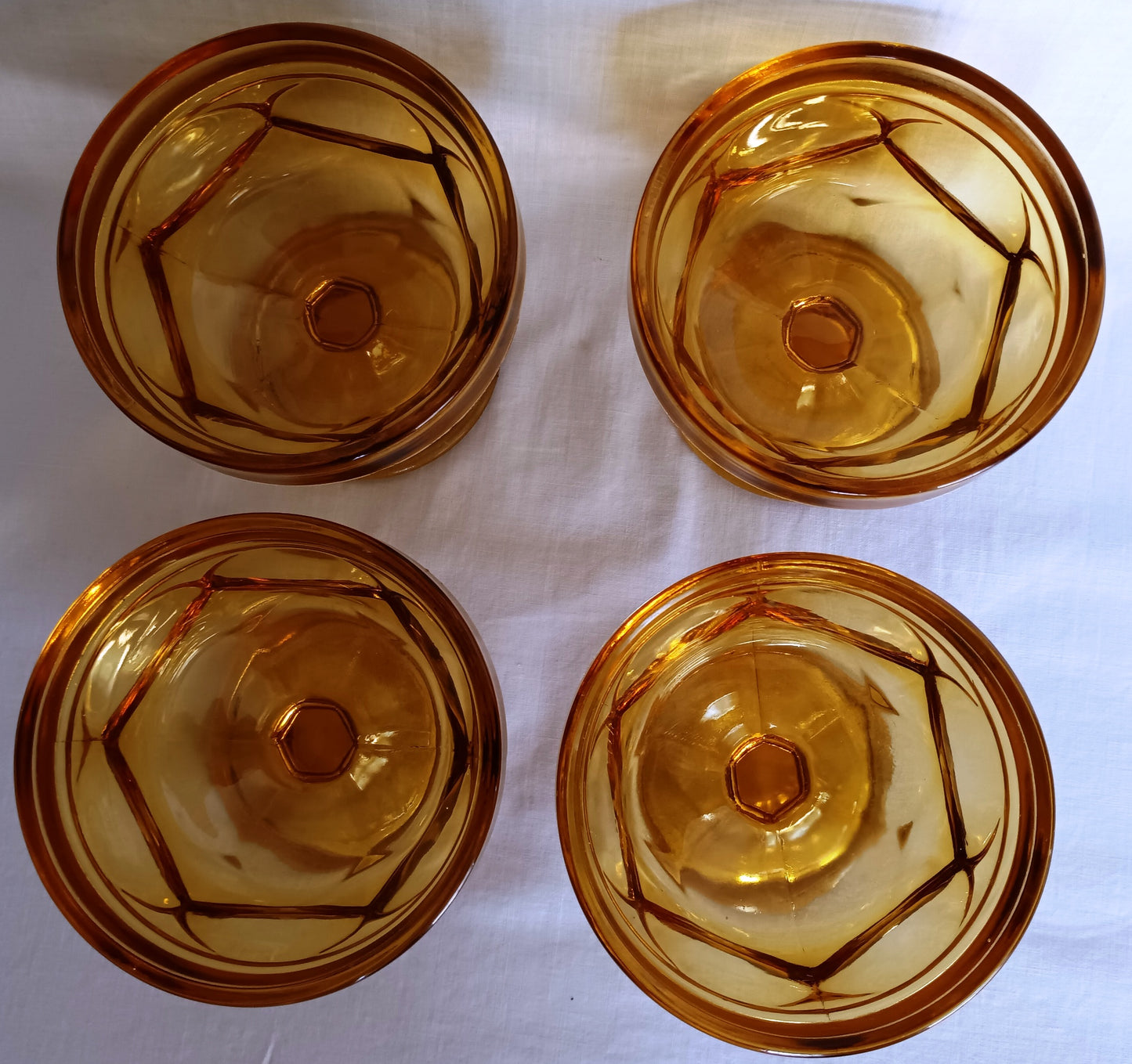 Vintage Set of 4 Bowls Anchor Hocking Fairfield Honey Gold Amber Glass Ice Cream Sherbet Champagne Coupe Low Stem Footed Glasses
