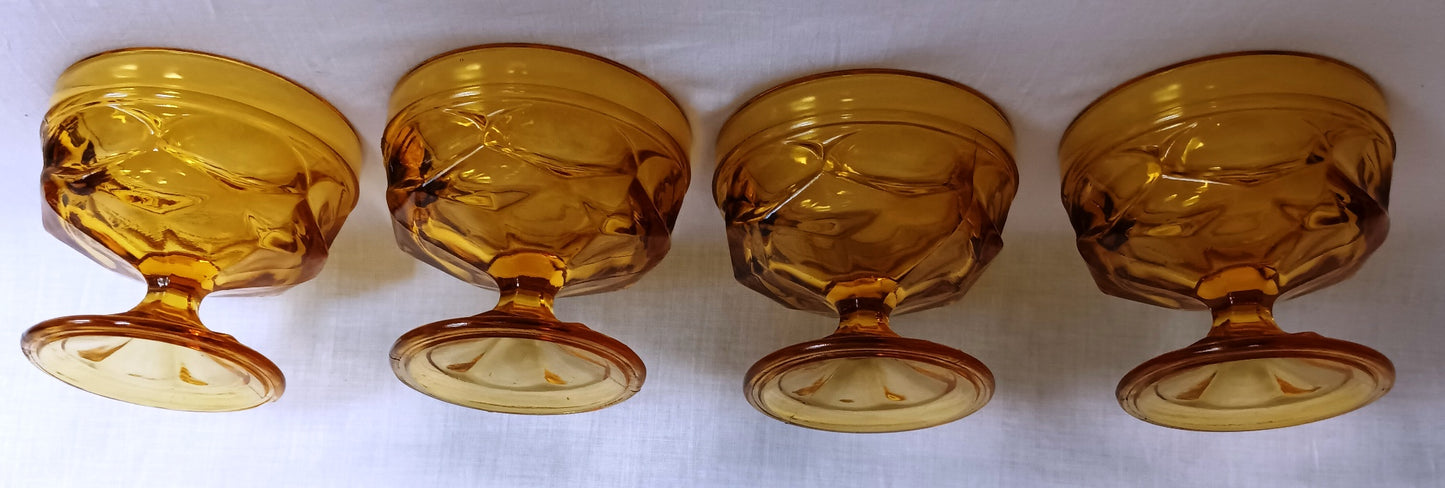 Vintage Set of 4 Bowls Anchor Hocking Fairfield Honey Gold Amber Glass Ice Cream Sherbet Champagne Coupe Low Stem Footed Glasses
