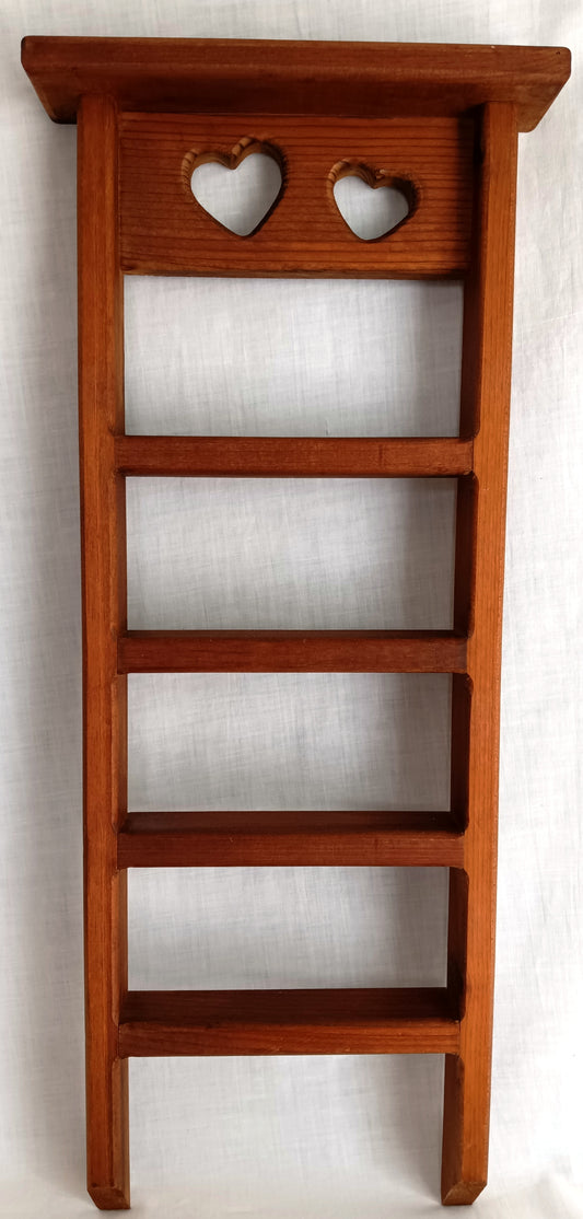 Vintage Wooden Wall Mounted Ladder Shelf Knick-Knack Display Spice Rack Small Collectible Tea Towels Heart Shaped Cutouts Country Decor-NOS