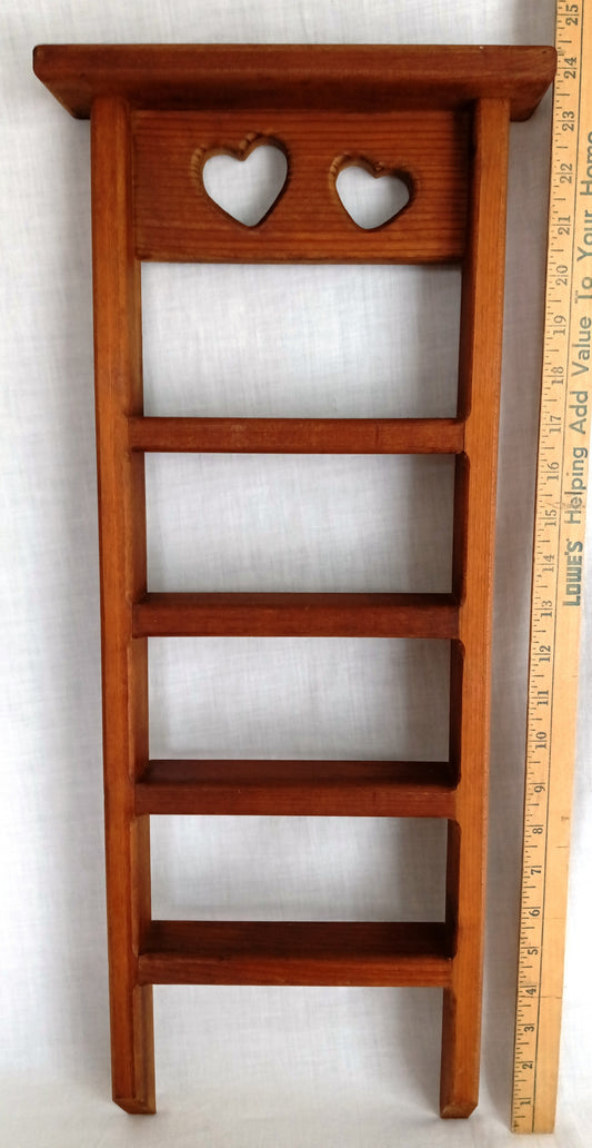 Vintage Wooden Wall Mounted Ladder Shelf Knick-Knack Display Spice Rack Small Collectible Tea Towels Heart Shaped Cutouts Country Decor-NOS