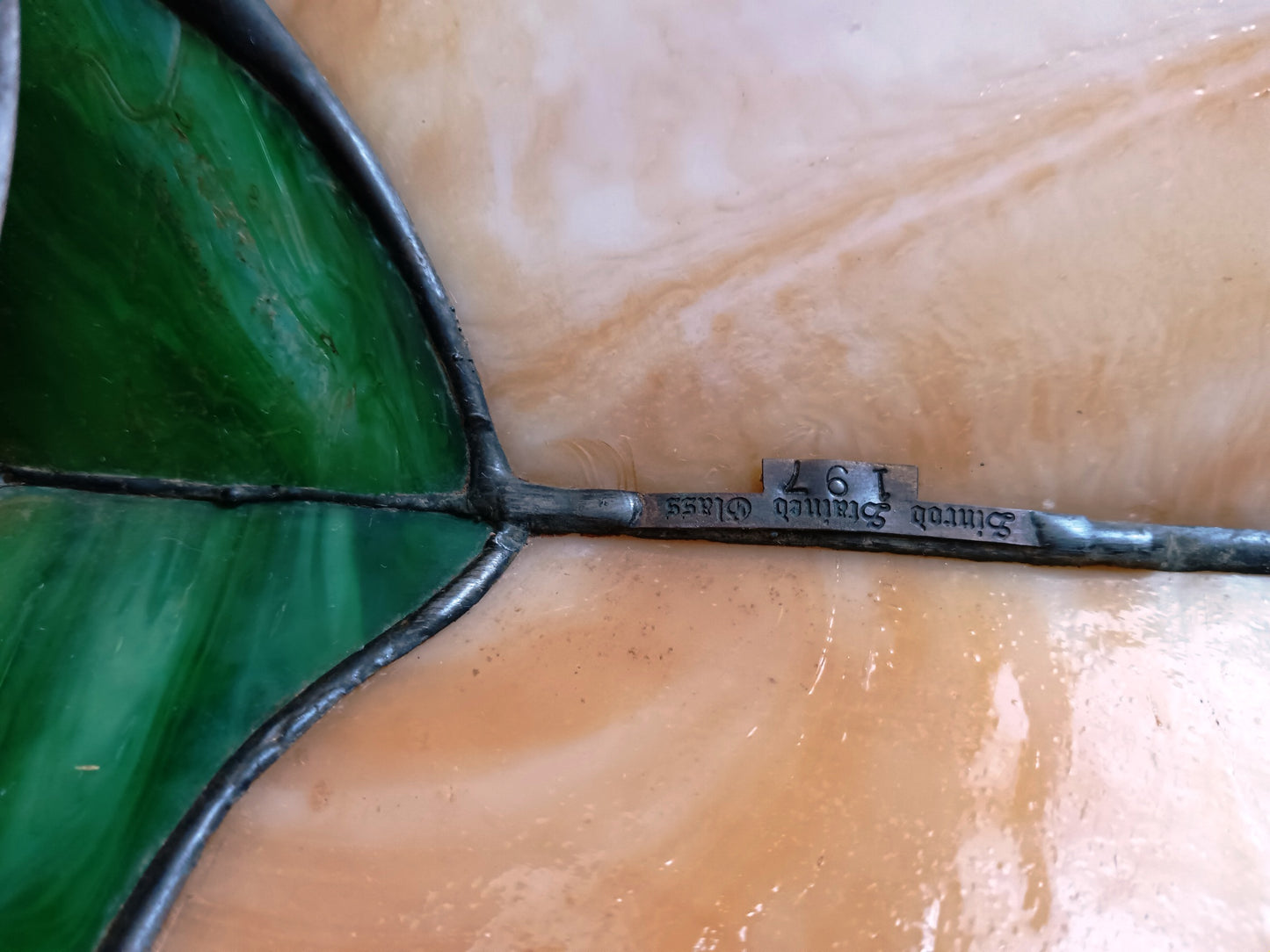 Vintage Sinrod Stained Glass Studios 197 Hanging Pendant Swag Lamp Raised Fruit Motif Brass Metal Chain Canopy Milk Glass Globe