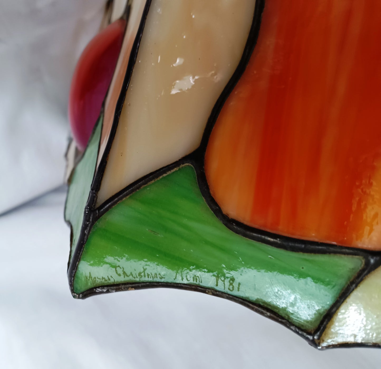 Vintage Sinrod Stained Glass Studios 197 Hanging Pendant Swag Lamp Raised Fruit Motif Brass Metal Chain Canopy Milk Glass Globe