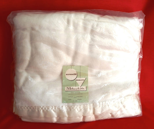 Vintage Superior Quality White Blanket 100% Cotton with Satin Trim Hialeah Style 70x90 Twin Size NOS-NIB