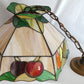 Vintage Sinrod Stained Glass Studios 197 Hanging Pendant Swag Lamp Raised Fruit Motif Brass Metal Chain Canopy Milk Glass Globe