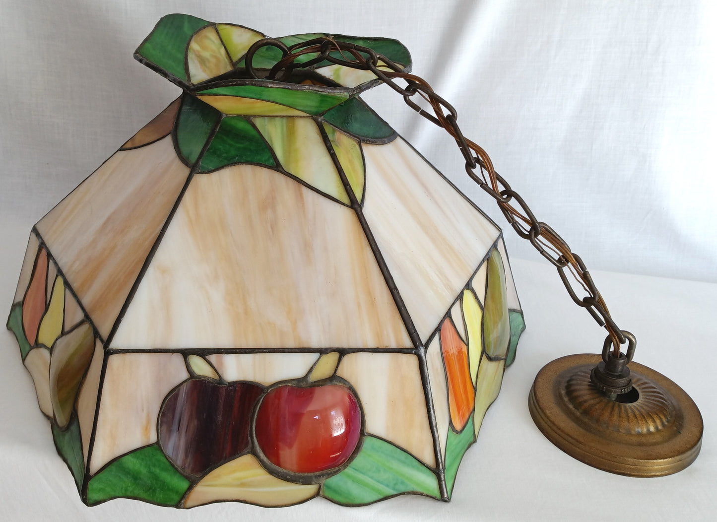 Vintage Sinrod Stained Glass Studios 197 Hanging Pendant Swag Lamp Raised Fruit Motif Brass Metal Chain Canopy Milk Glass Globe