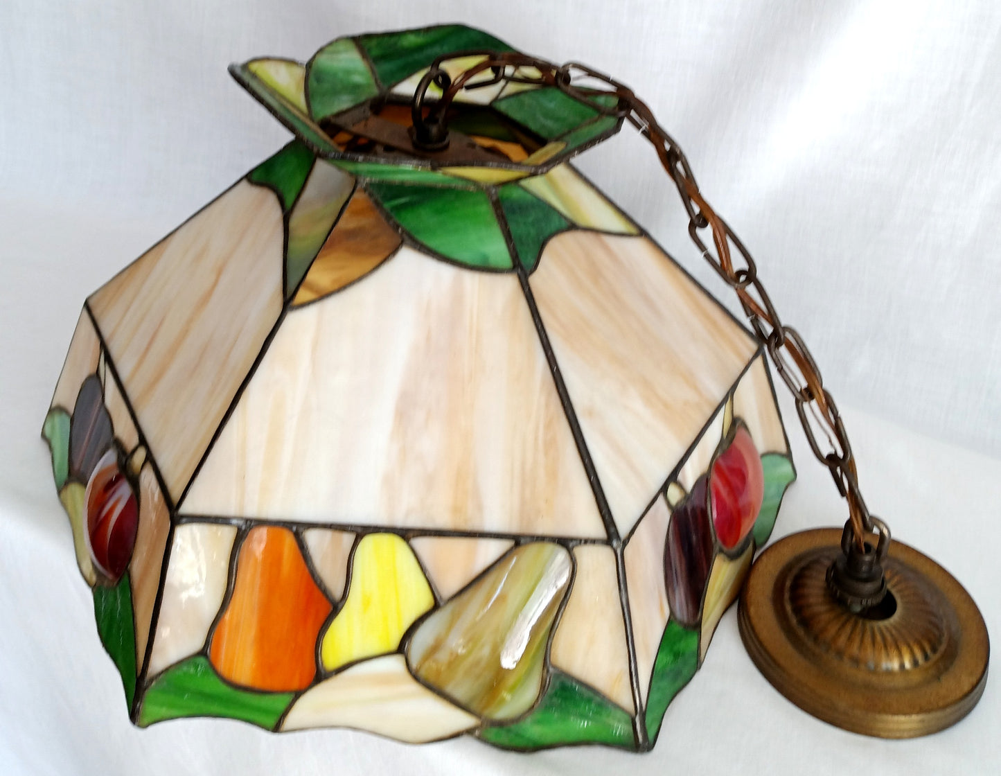 Vintage Sinrod Stained Glass Studios 197 Hanging Pendant Swag Lamp Raised Fruit Motif Brass Metal Chain Canopy Milk Glass Globe