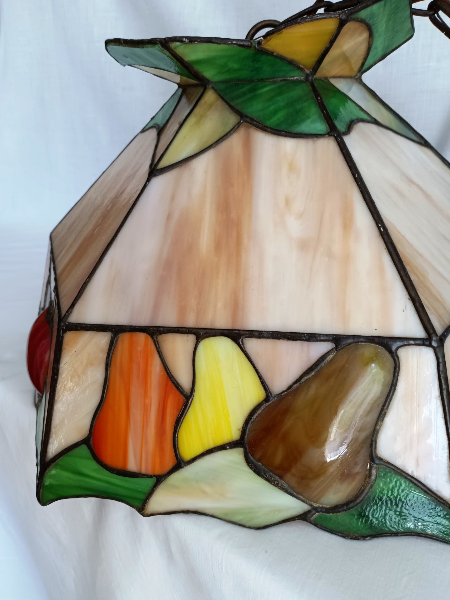 Vintage Sinrod Stained Glass Studios 197 Hanging Pendant Swag Lamp Raised Fruit Motif Brass Metal Chain Canopy Milk Glass Globe