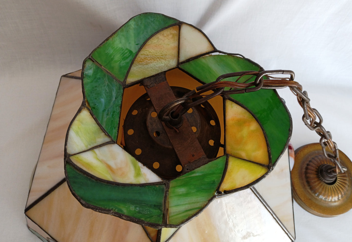 Vintage Sinrod Stained Glass Studios 197 Hanging Pendant Swag Lamp Raised Fruit Motif Brass Metal Chain Canopy Milk Glass Globe