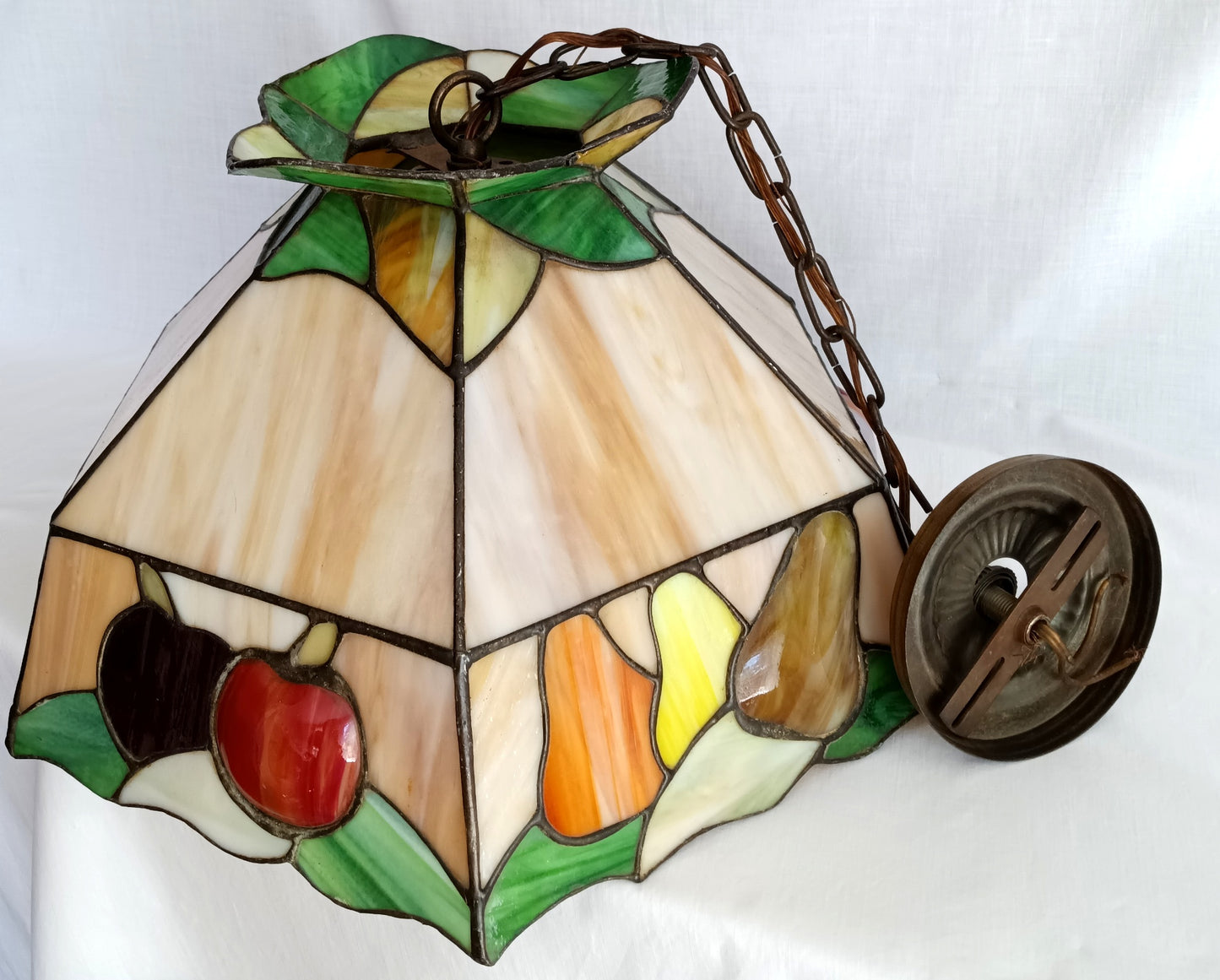 Vintage Sinrod Stained Glass Studios 197 Hanging Pendant Swag Lamp Raised Fruit Motif Brass Metal Chain Canopy Milk Glass Globe