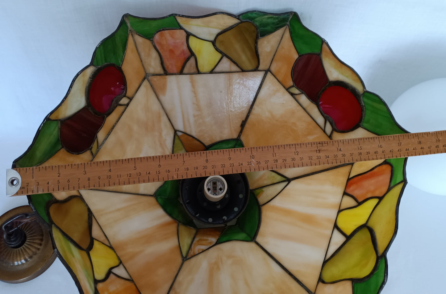Vintage Sinrod Stained Glass Studios 197 Hanging Pendant Swag Lamp Raised Fruit Motif Brass Metal Chain Canopy Milk Glass Globe