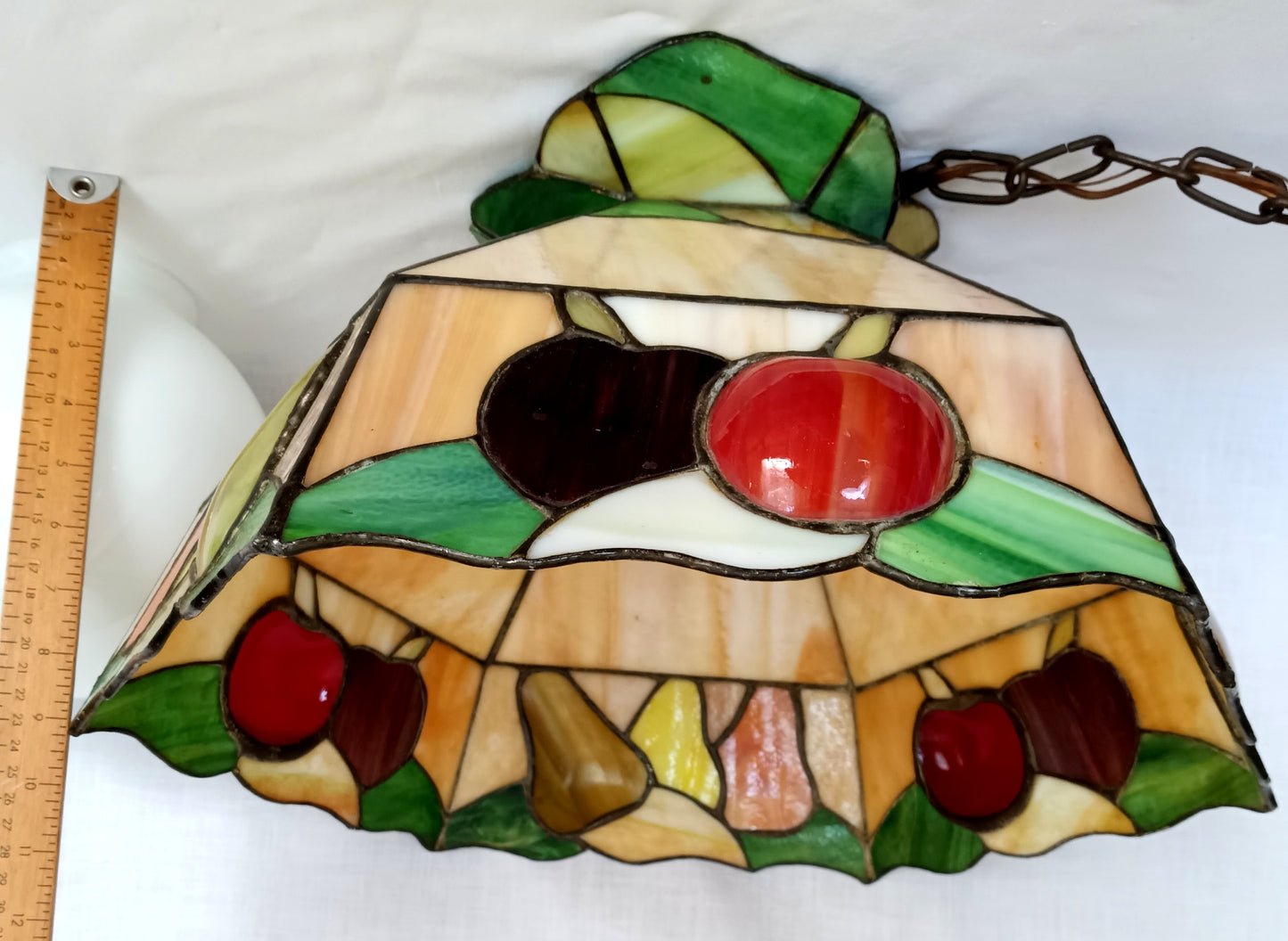Vintage Sinrod Stained Glass Studios 197 Hanging Pendant Swag Lamp Raised Fruit Motif Brass Metal Chain Canopy Milk Glass Globe