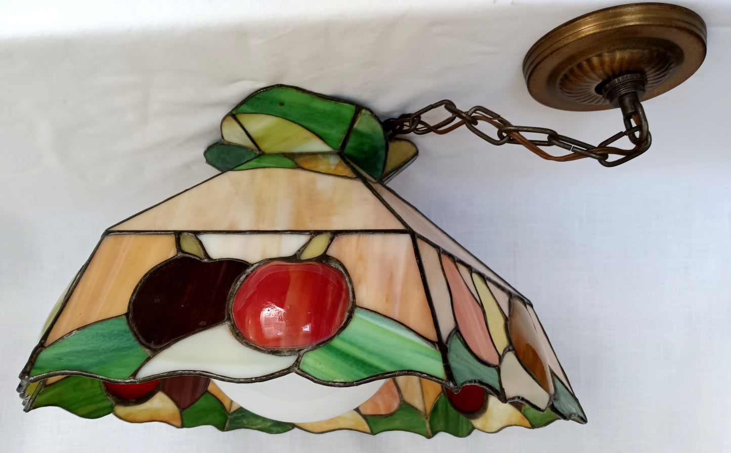 Vintage Sinrod Stained Glass Studios 197 Hanging Pendant Swag Lamp Raised Fruit Motif Brass Metal Chain Canopy Milk Glass Globe