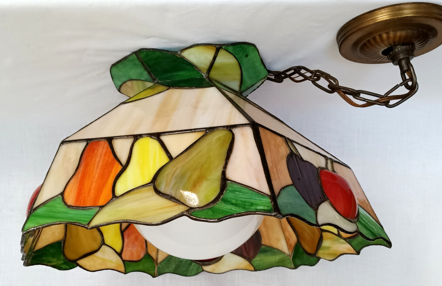 Vintage Sinrod Stained Glass Studios 197 Hanging Pendant Swag Lamp Raised Fruit Motif Brass Metal Chain Canopy Milk Glass Globe