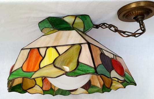 Vintage Sinrod Stained Glass Studios 197 Hanging Pendant Swag Lamp Raised Fruit Motif Brass Metal Chain Canopy Milk Glass Globe