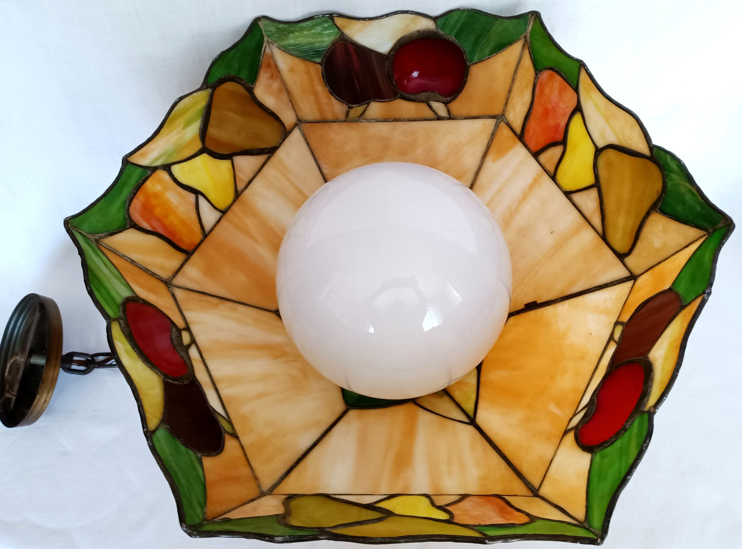 Vintage Sinrod Stained Glass Studios 197 Hanging Pendant Swag Lamp Raised Fruit Motif Brass Metal Chain Canopy Milk Glass Globe