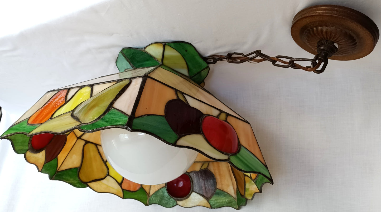 Vintage Sinrod Stained Glass Studios 197 Hanging Pendant Swag Lamp Raised Fruit Motif Brass Metal Chain Canopy Milk Glass Globe
