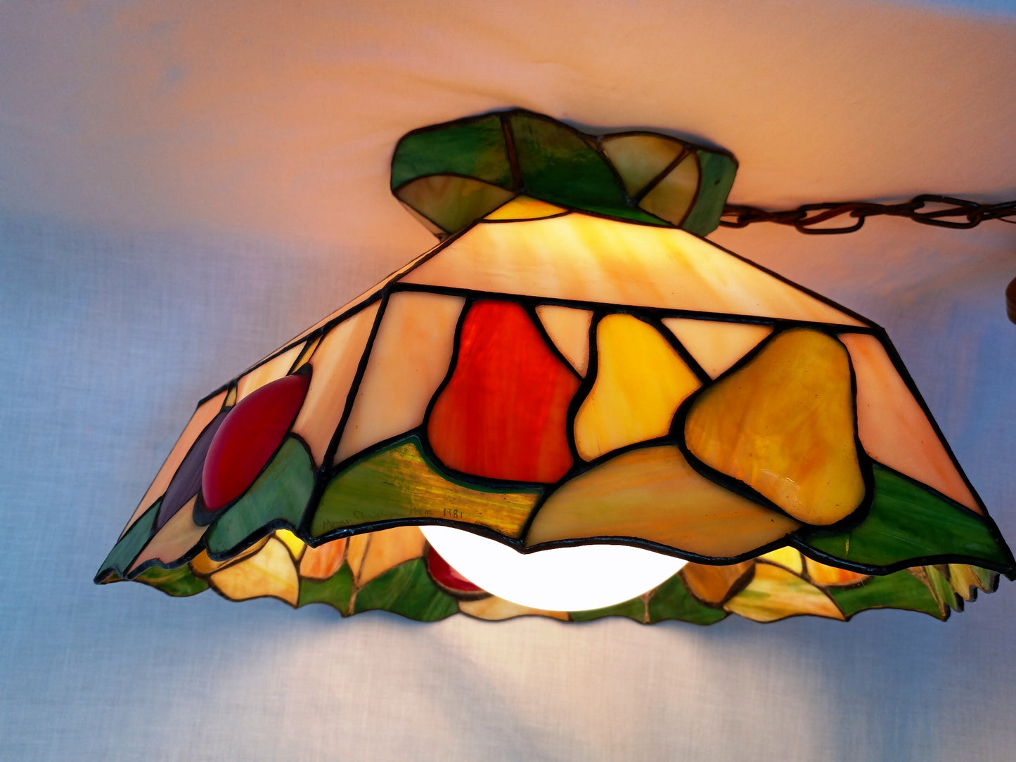 Vintage Sinrod Stained Glass Studios 197 Hanging Pendant Swag Lamp Raised Fruit Motif Brass Metal Chain Canopy Milk Glass Globe