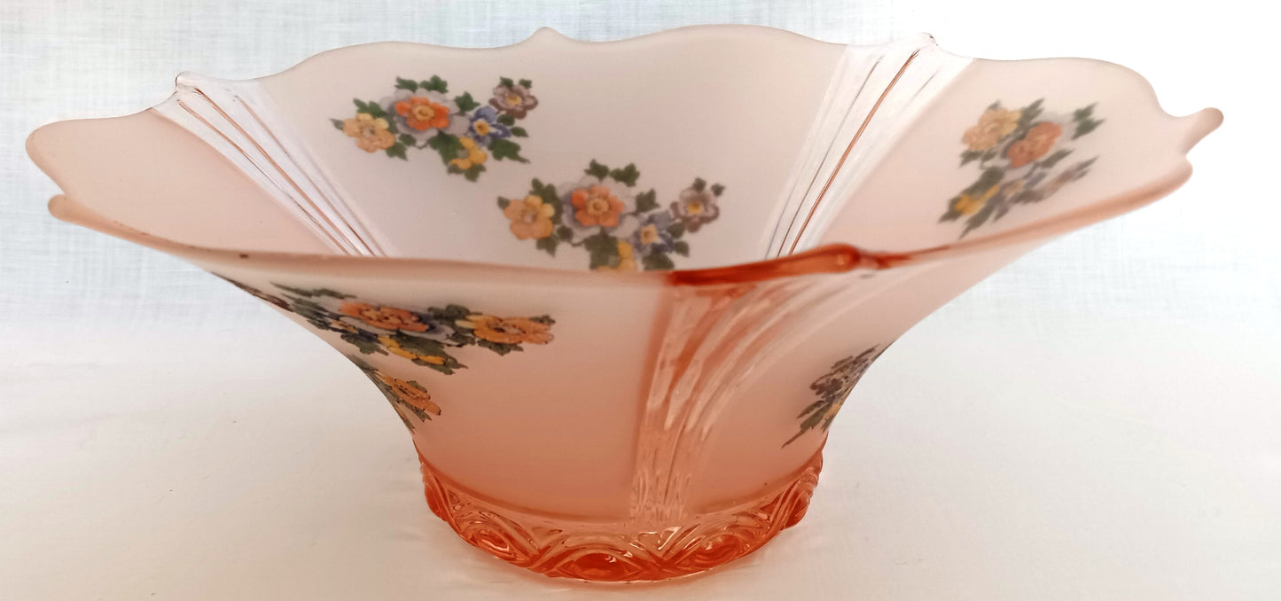 Vintage Lancaster Glass Pink Frosted Glass Ceiling Pendant Replacement Lampshade Painted Flower Decals Clear Ribbed Scalloped Edge 12” D