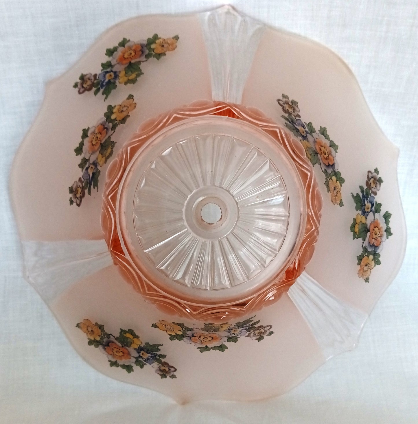 Vintage Lancaster Glass Pink Frosted Glass Ceiling Pendant Replacement Lampshade Painted Flower Decals Clear Ribbed Scalloped Edge 12” D