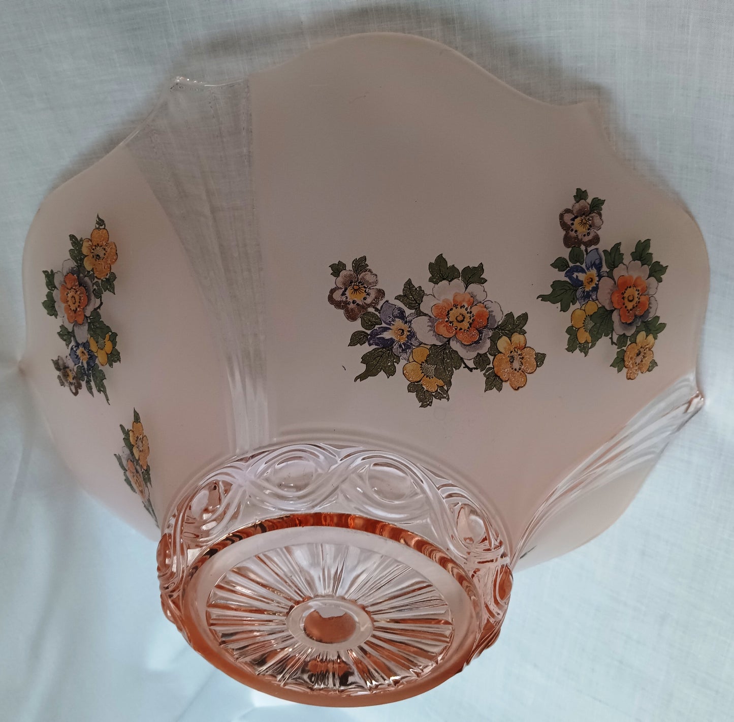 Vintage Lancaster Glass Pink Frosted Glass Ceiling Pendant Replacement Lampshade Painted Flower Decals Clear Ribbed Scalloped Edge 12” D