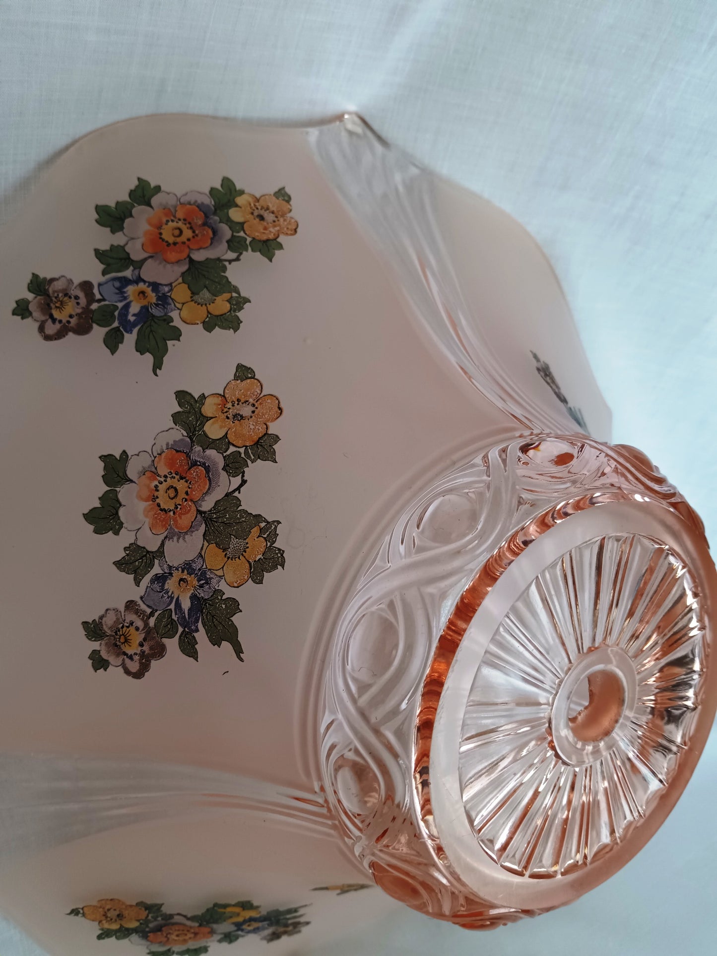Vintage Lancaster Glass Pink Frosted Glass Ceiling Pendant Replacement Lampshade Painted Flower Decals Clear Ribbed Scalloped Edge 12” D