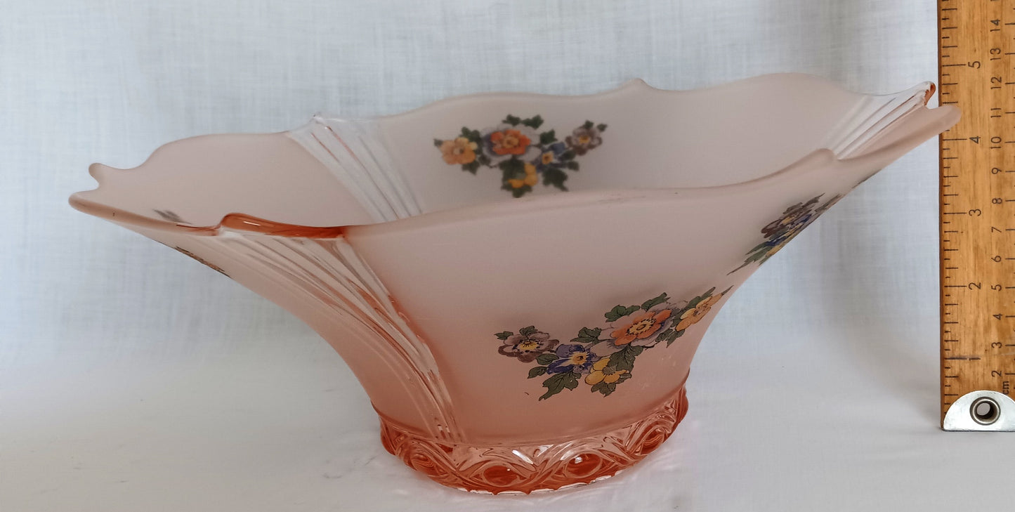 Vintage Lancaster Glass Pink Frosted Glass Ceiling Pendant Replacement Lampshade Painted Flower Decals Clear Ribbed Scalloped Edge 12” D