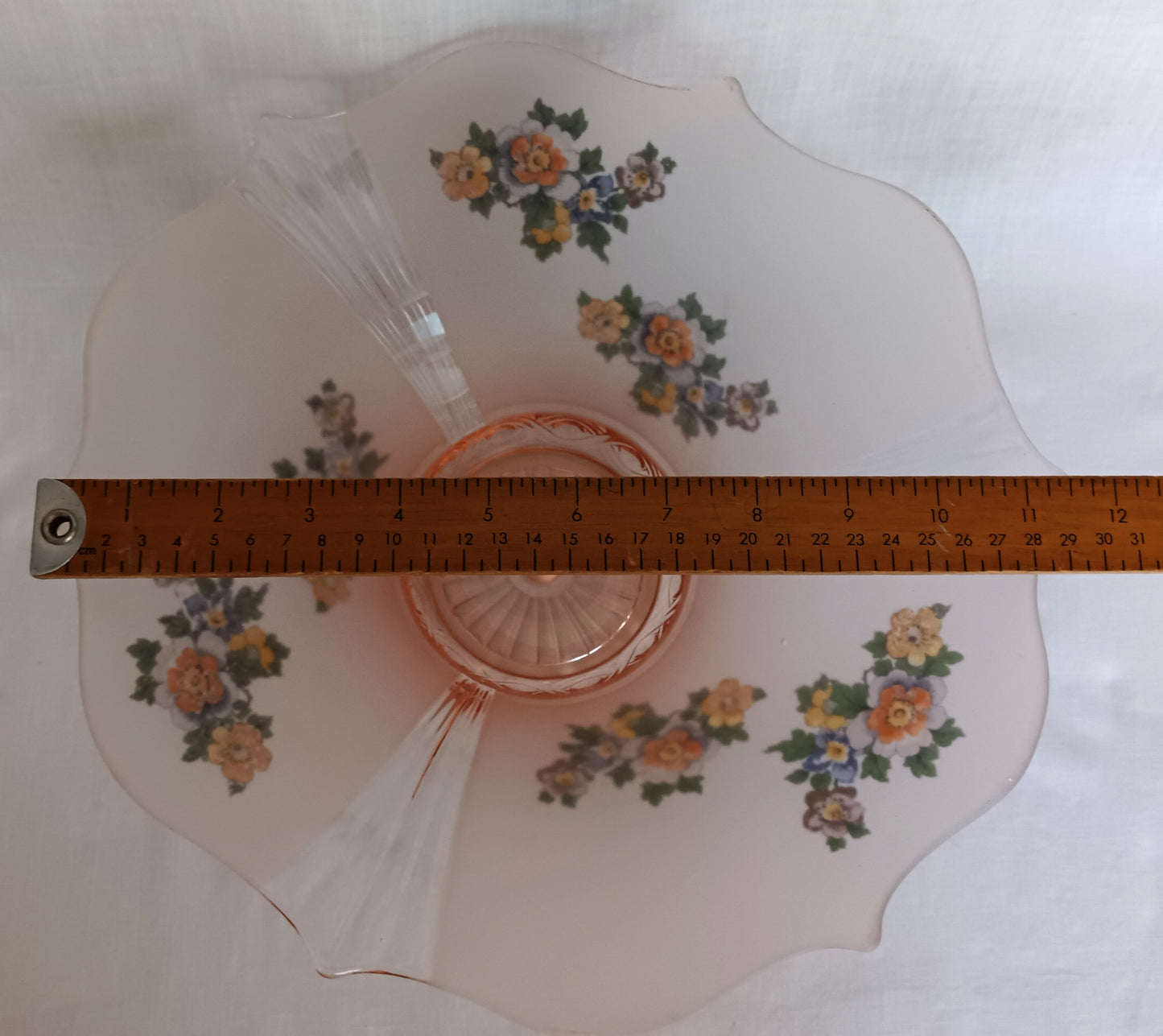 Vintage Lancaster Glass Pink Frosted Glass Ceiling Pendant Replacement Lampshade Painted Flower Decals Clear Ribbed Scalloped Edge 12” D