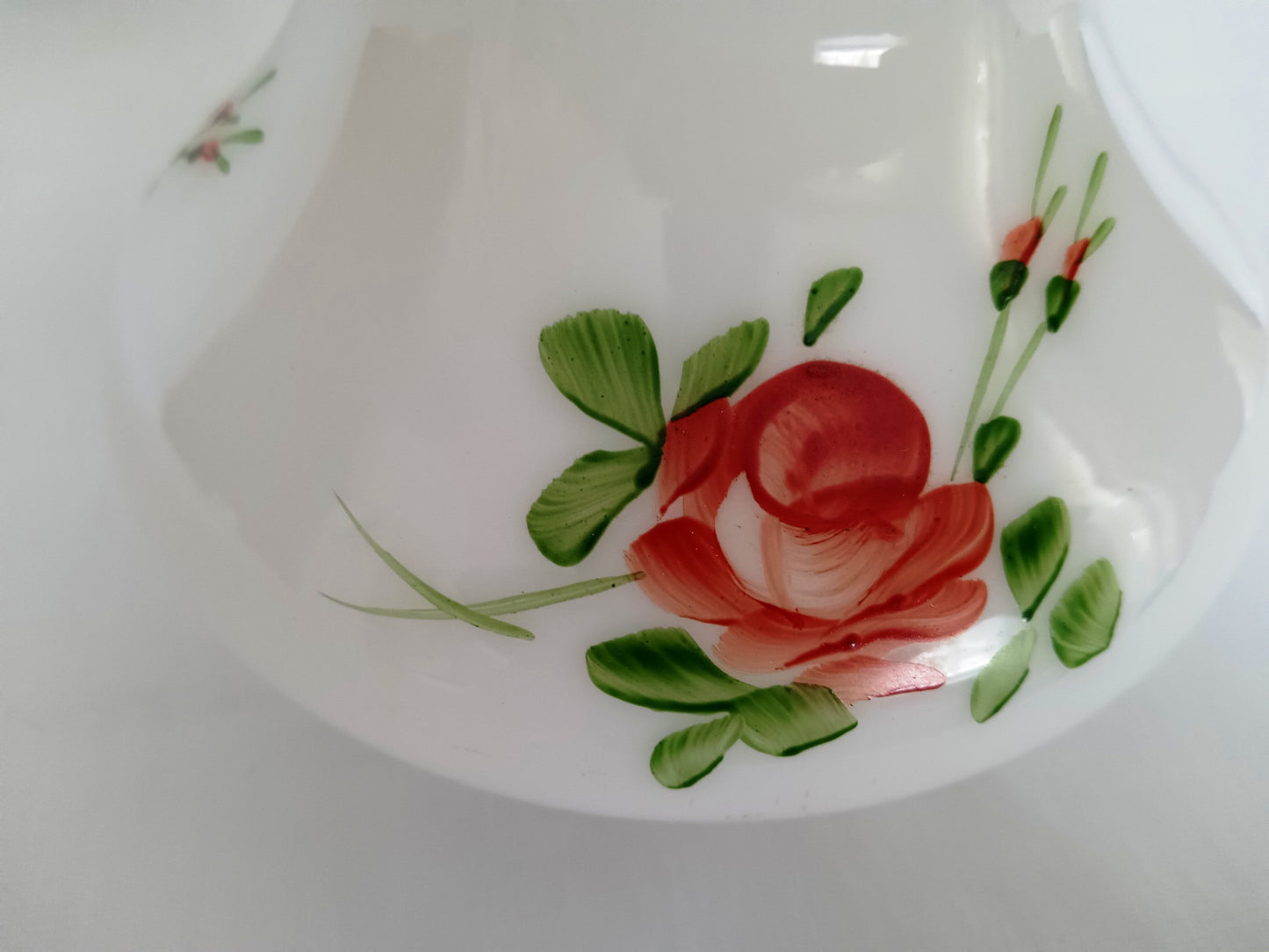 Vintage Milk Glass Lampshade Hand Painted Red Roses Straight Neck Globe Chandelier Fan Ceiling Fixture Replacement Lamp Part