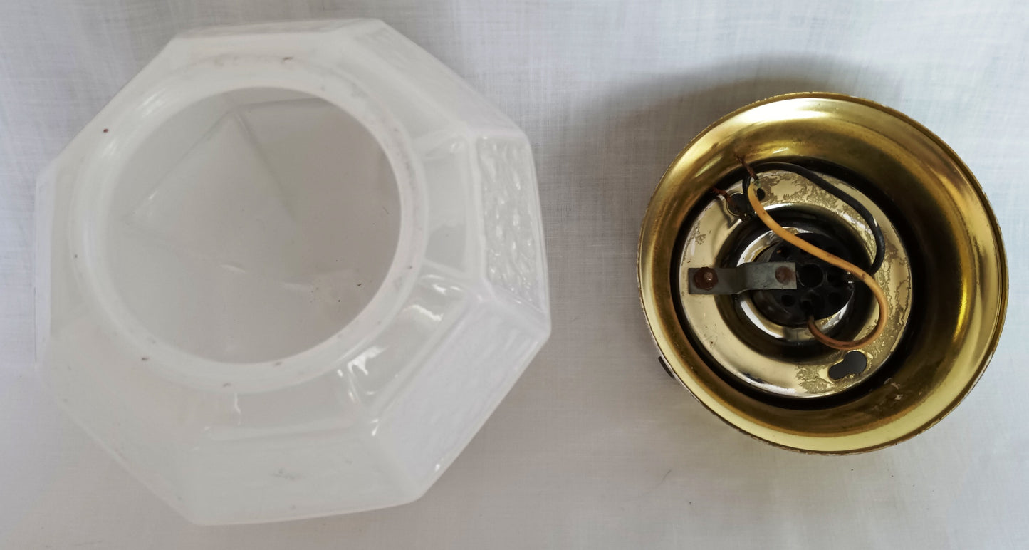 Vintage Art Deco MCM Flush Mount Ceiling Sconce Wall Light Fixture Textured Geometric Design Milk Glass Globe Retro Lighting