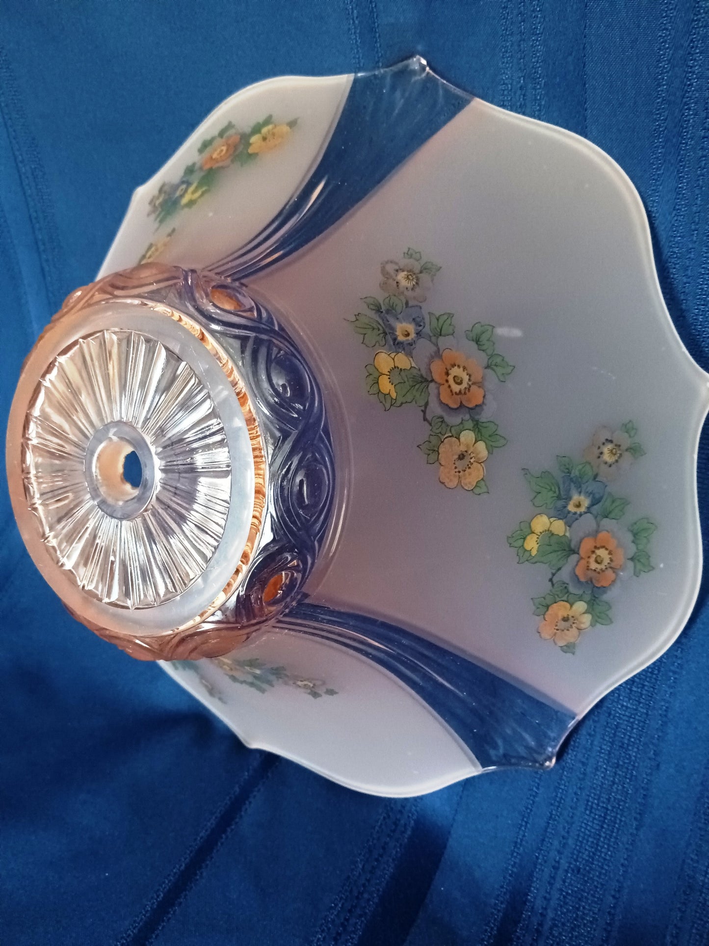 Vintage Lancaster Glass Pink Frosted Glass Ceiling Pendant Replacement Lampshade Painted Flower Decals Clear Ribbed Scalloped Edge 12” D