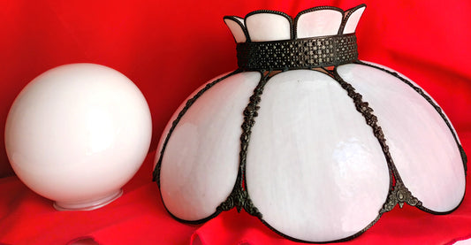 Vintage White Slag Glass Tiffany Style Large Swag Pendant Ornate Rubbed Bronze Finish Rose Design Milk Glass Globe Metal Chain 19” D