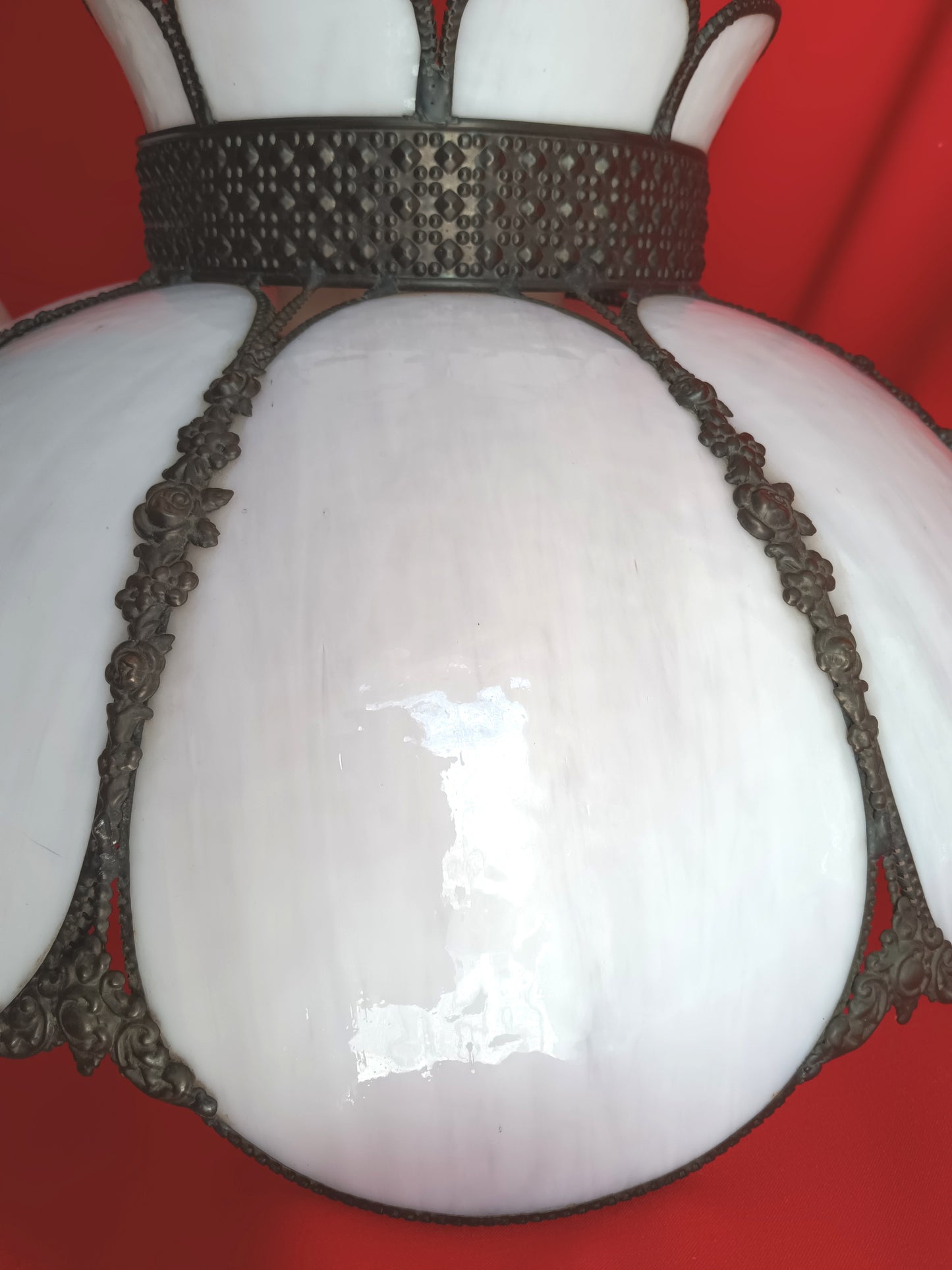 Vintage White Slag Glass Tiffany Style Large Swag Pendant Ornate Rubbed Bronze Finish Rose Design Milk Glass Globe Metal Chain 19” D