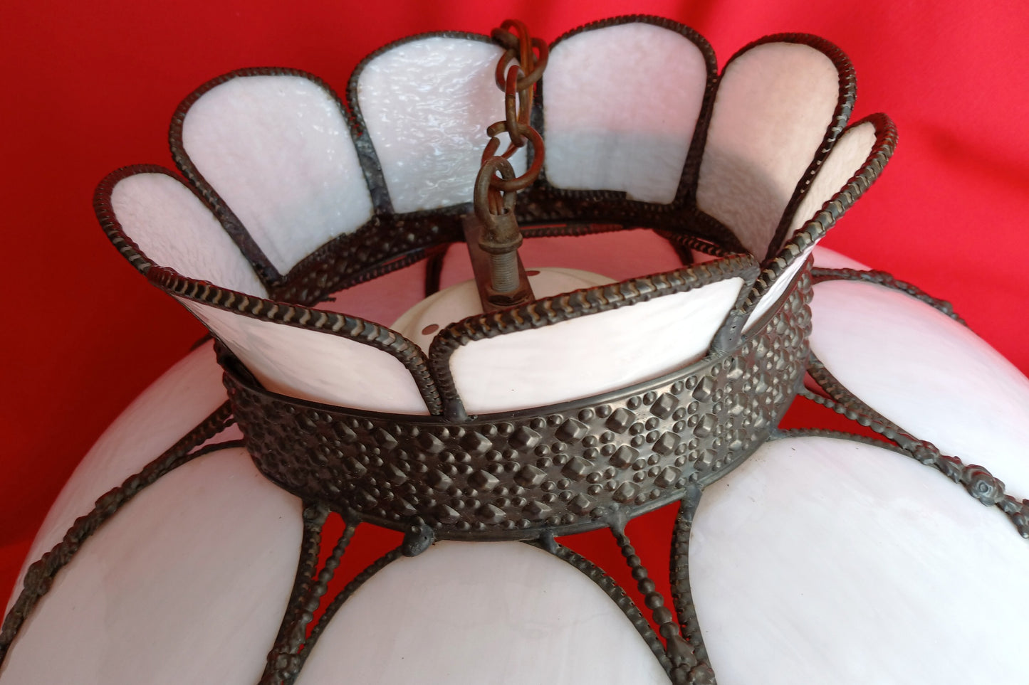 Vintage White Slag Glass Tiffany Style Large Swag Pendant Ornate Rubbed Bronze Finish Rose Design Milk Glass Globe Metal Chain 19” D