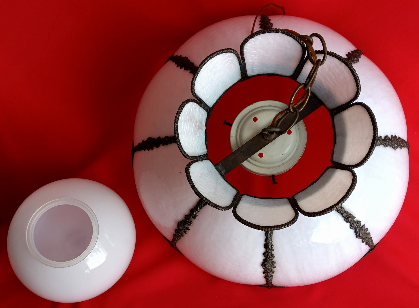 Vintage White Slag Glass Tiffany Style Large Swag Pendant Ornate Rubbed Bronze Finish Rose Design Milk Glass Globe Metal Chain 19” D